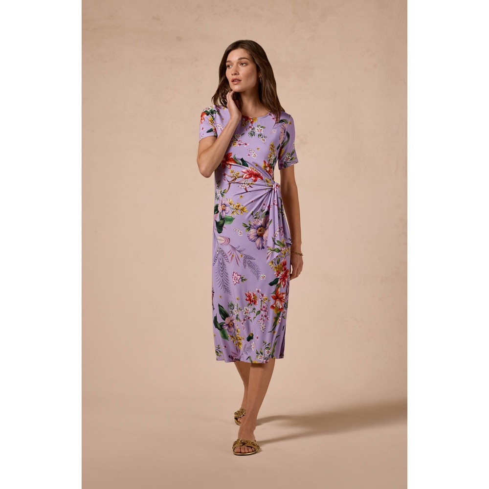 Johnny Was Janie Favorite Side Tie Knit Dress Medium Purple Floral Bird Stretch - Picture 6 of 13